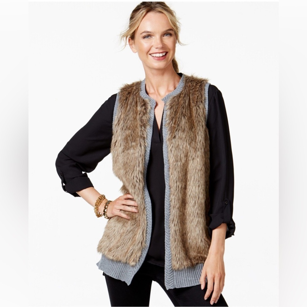 NY Collection Faux Fur Vest in Brown‎ and Gray